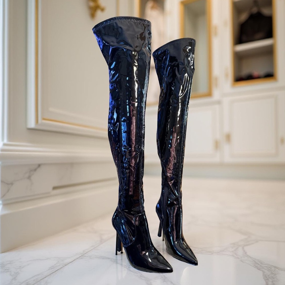 Steve Madden NWT Sz 6.5 Vanquish Shiny Black Over-the-Knee Heeled Boots (SH183)